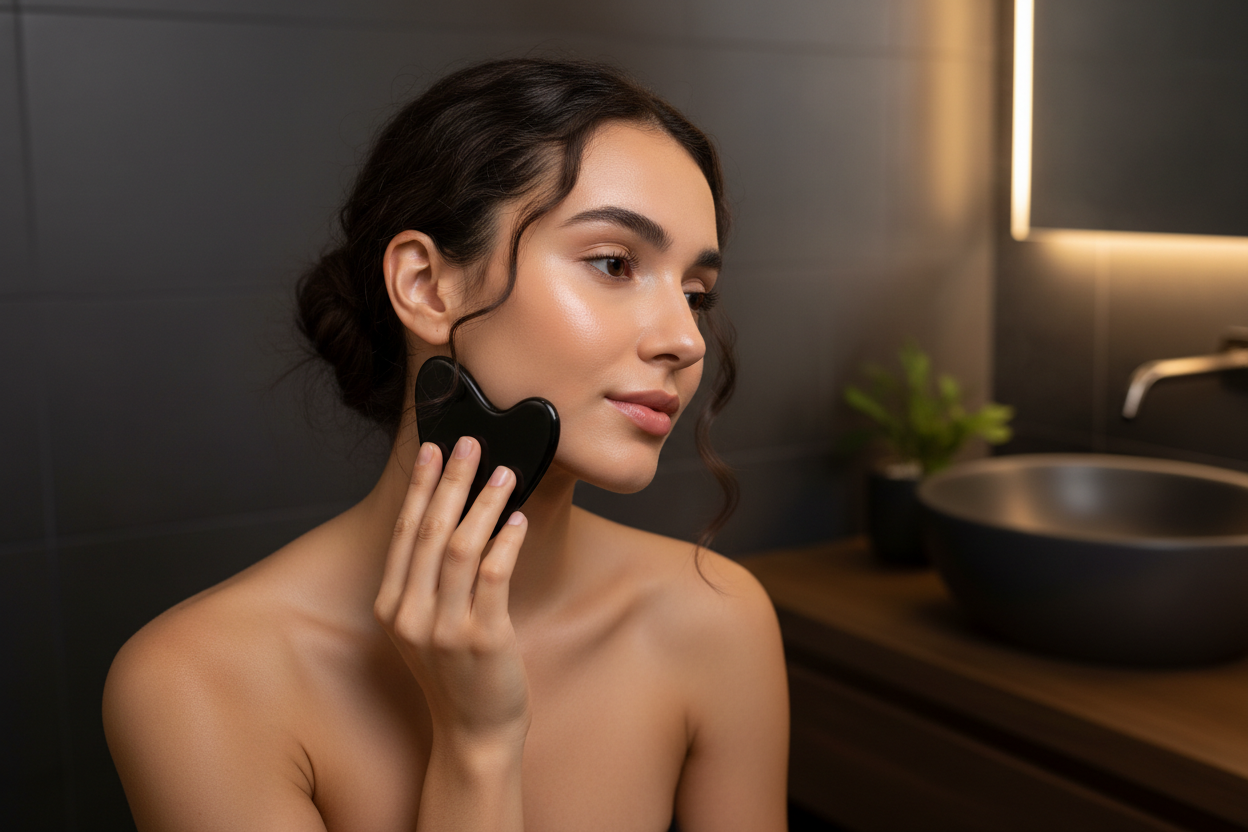Donna che usa gua sha sul viso