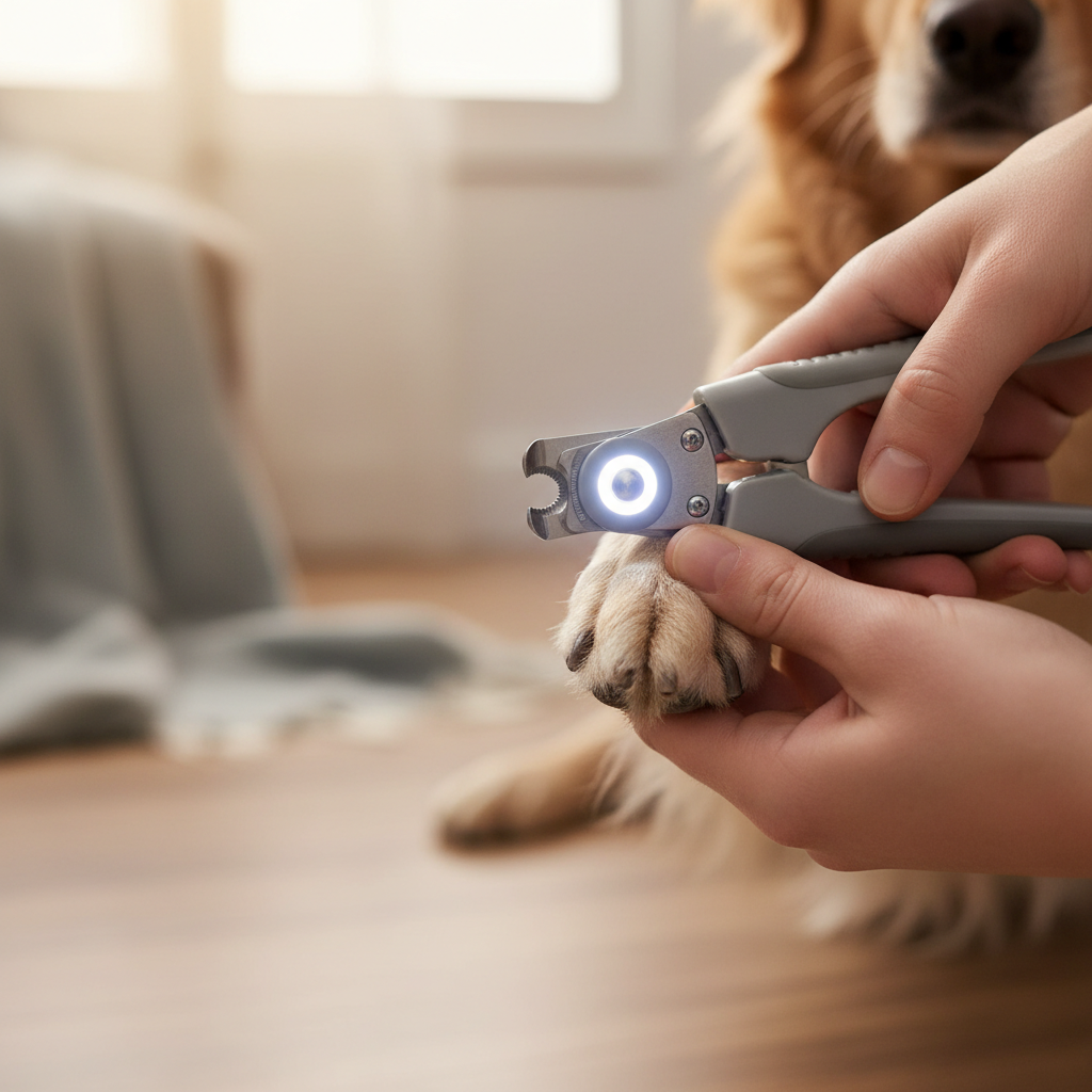 Persona che taglia unghie al cane con taglia unghie LED
