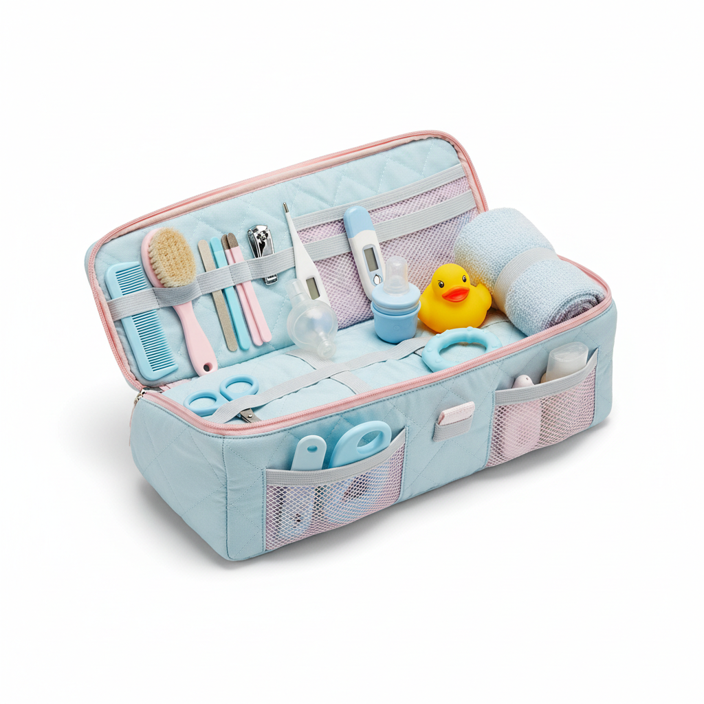 Borsa kit neonato aperta con accessori