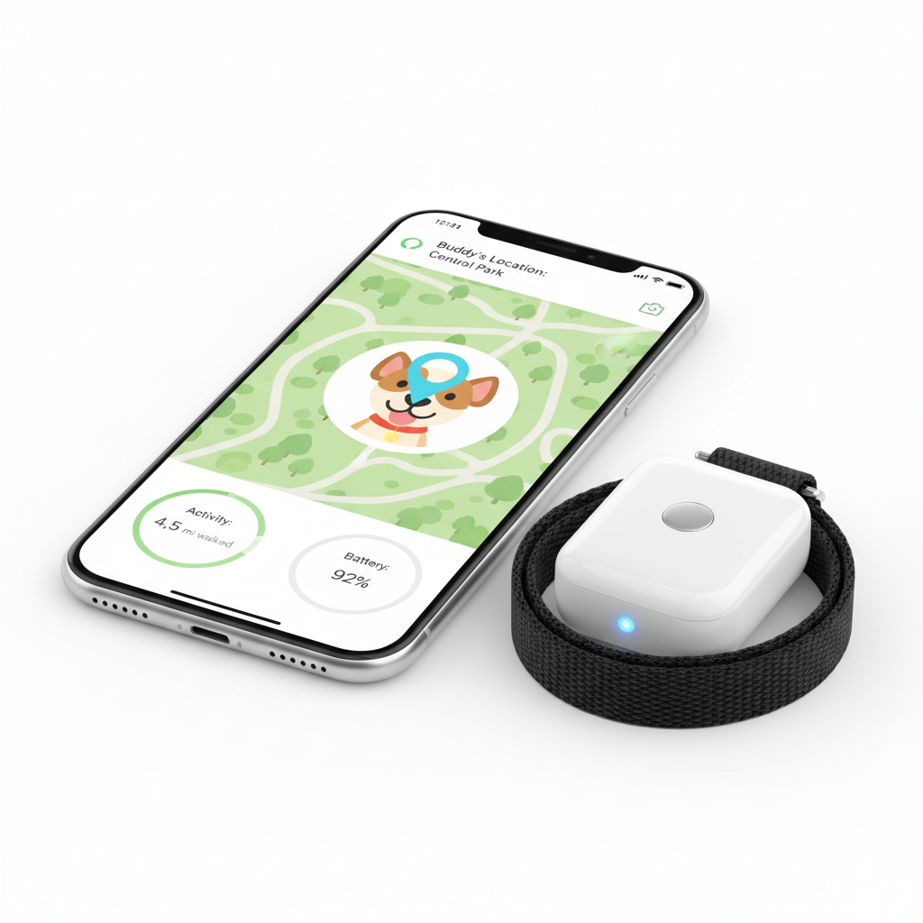 Smartphone con mappa GPS e pin posizione animale accanto al tracker