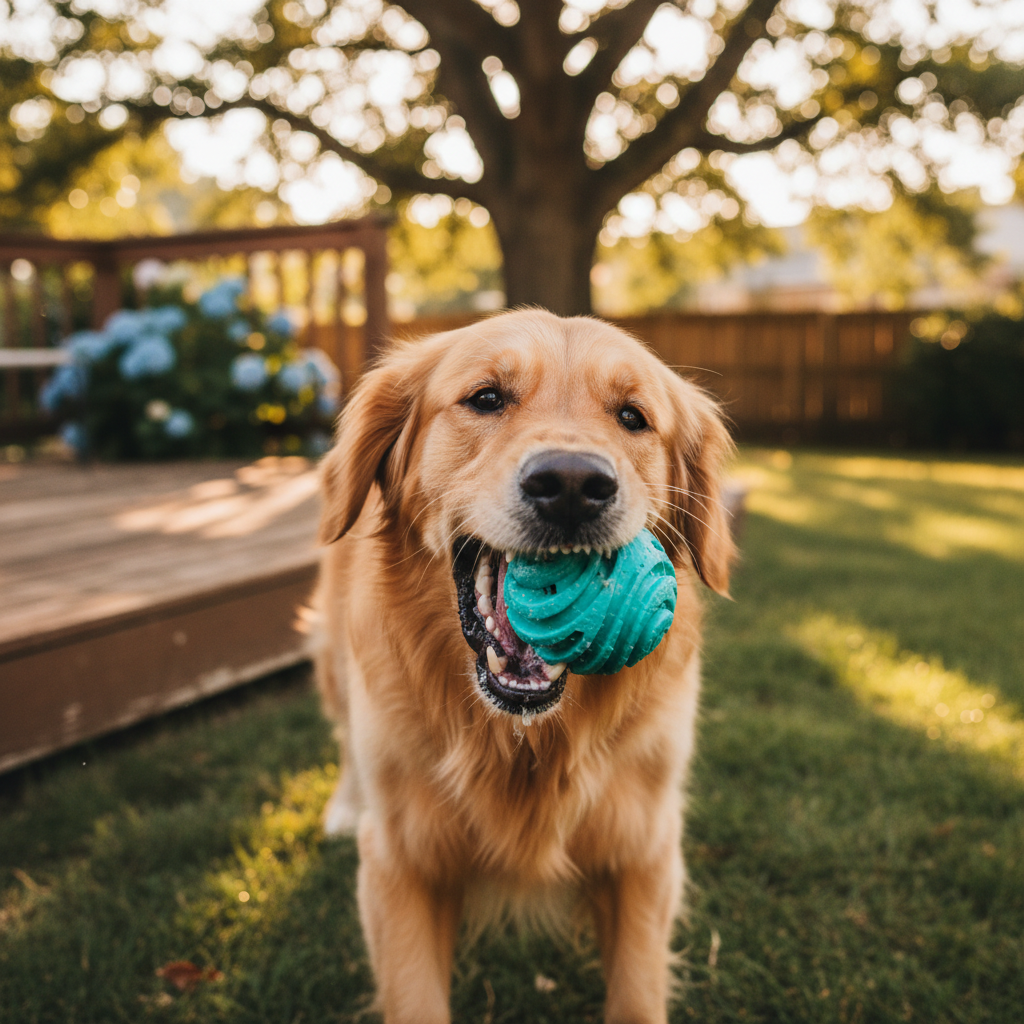 Cane che mastica palla molare turchese per denti puliti