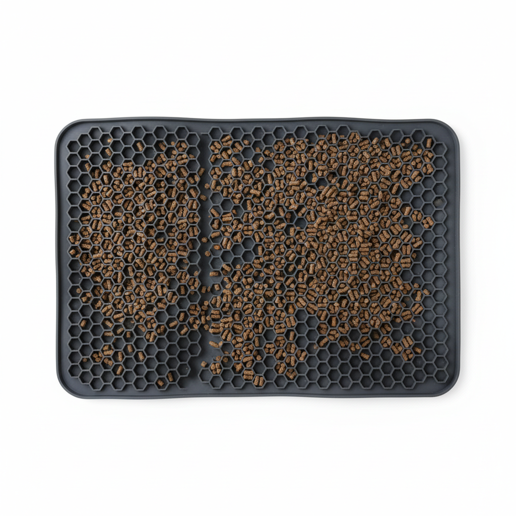 Tappetino lettiera flat lay con granuli intrappolati nella griglia
