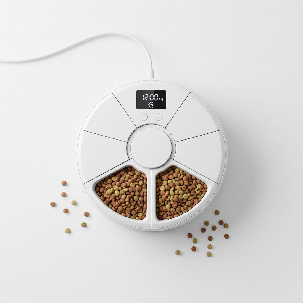 Ciotola automatica flat lay con scomparti aperti e crocchette visibili