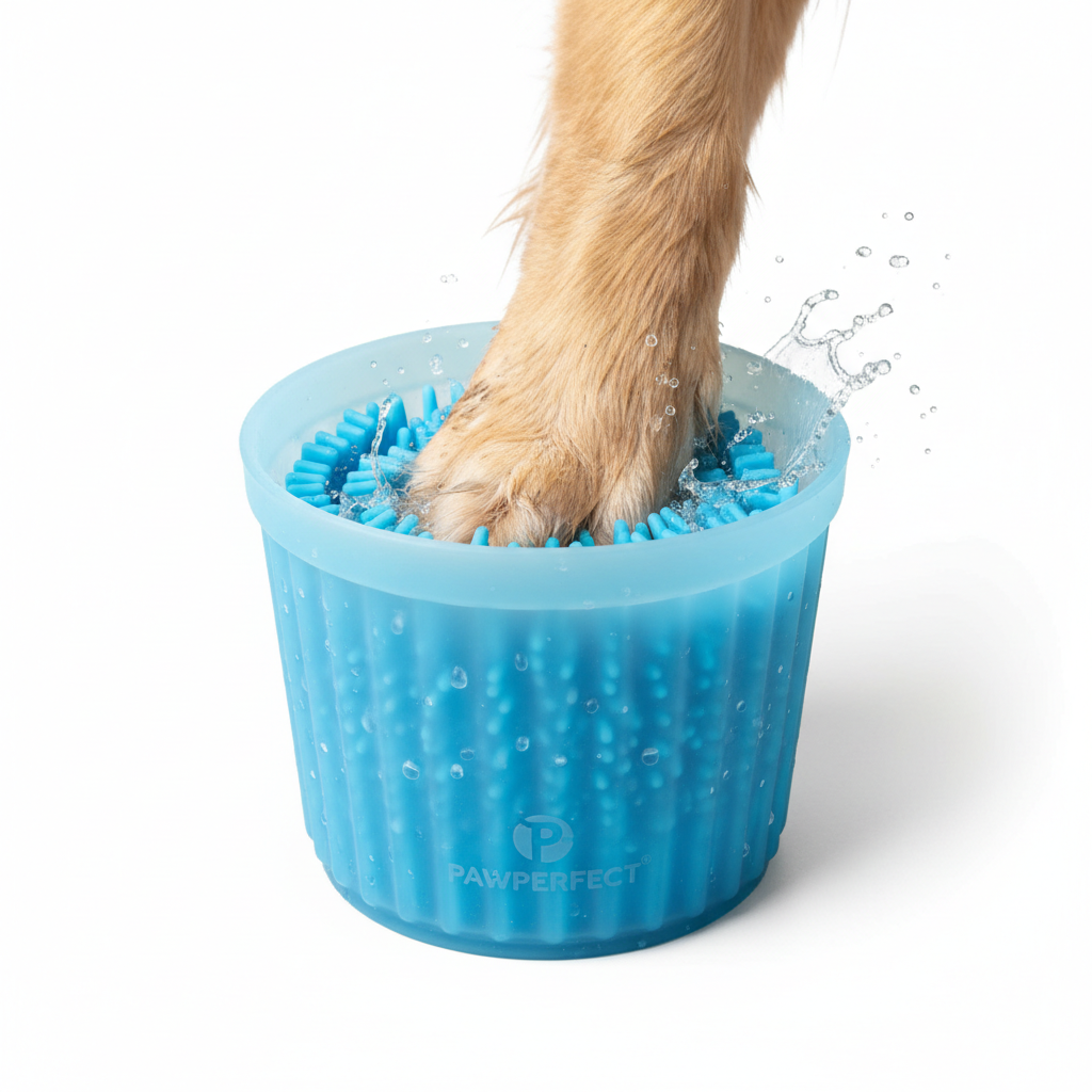 Zampa di cane inserita nel lavazampe con setole in silicone visibili