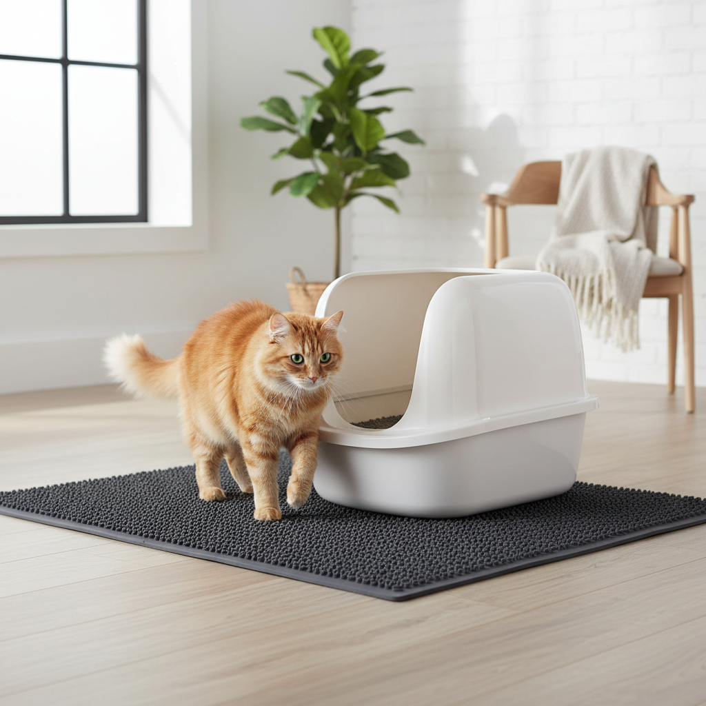 Gatto che cammina sul tappetino lettiera vicino alla lettiera bianca