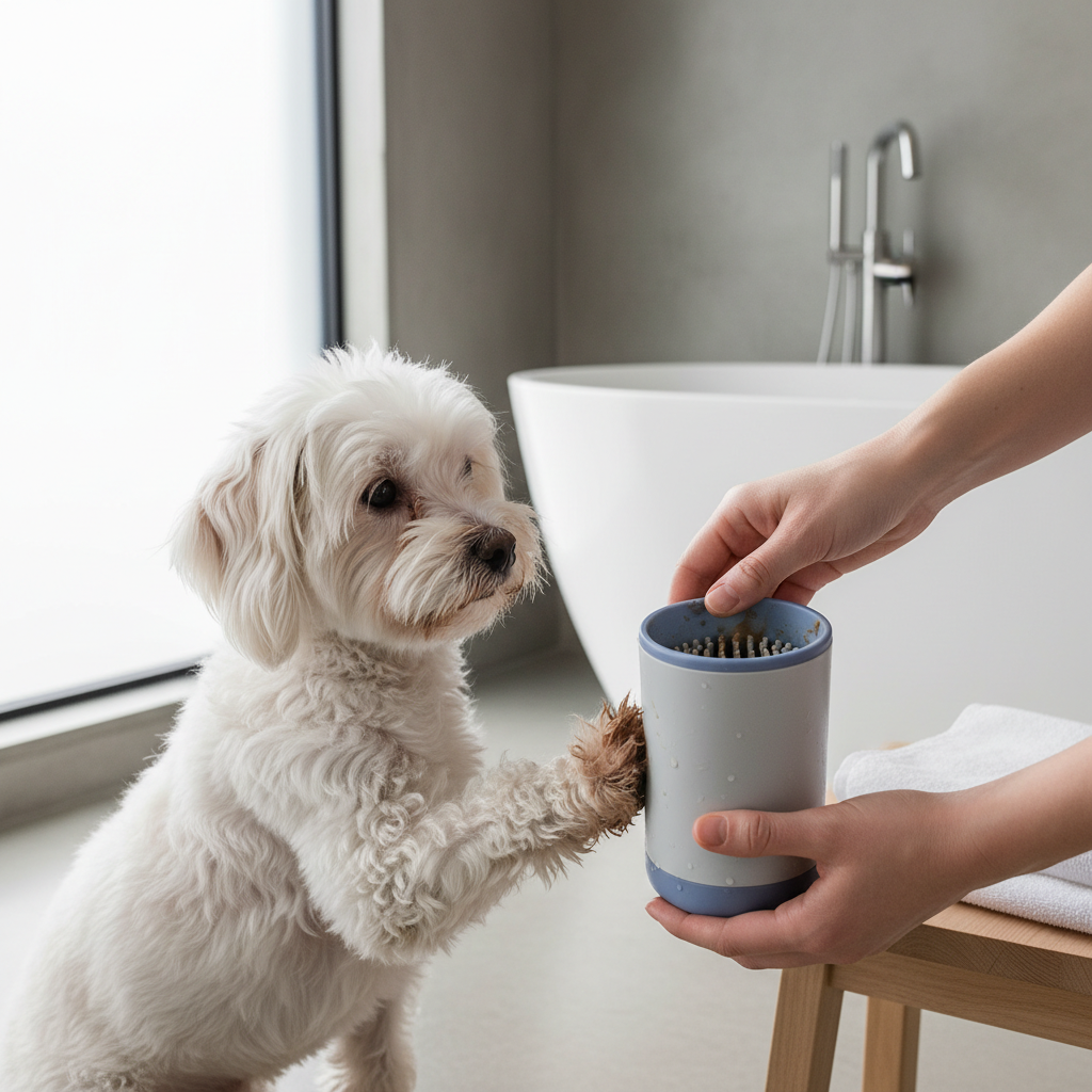 Cane piccolo con zampa sporca pulita con lavazampe in bagno moderno