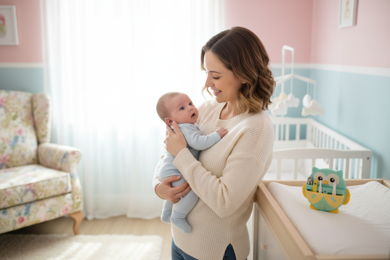 Mamma con neonato e kit manicure gufo