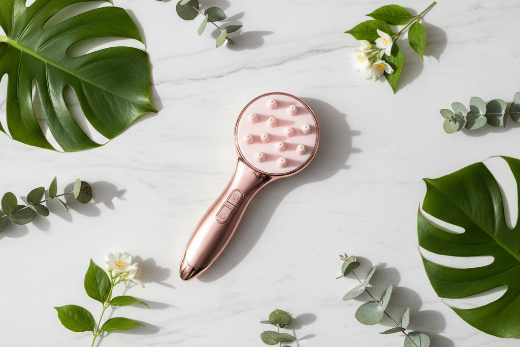 Flat lay pettine massaggiante con fiori