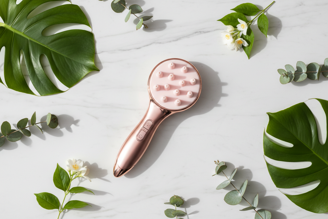Flat lay pettine massaggiante con fiori