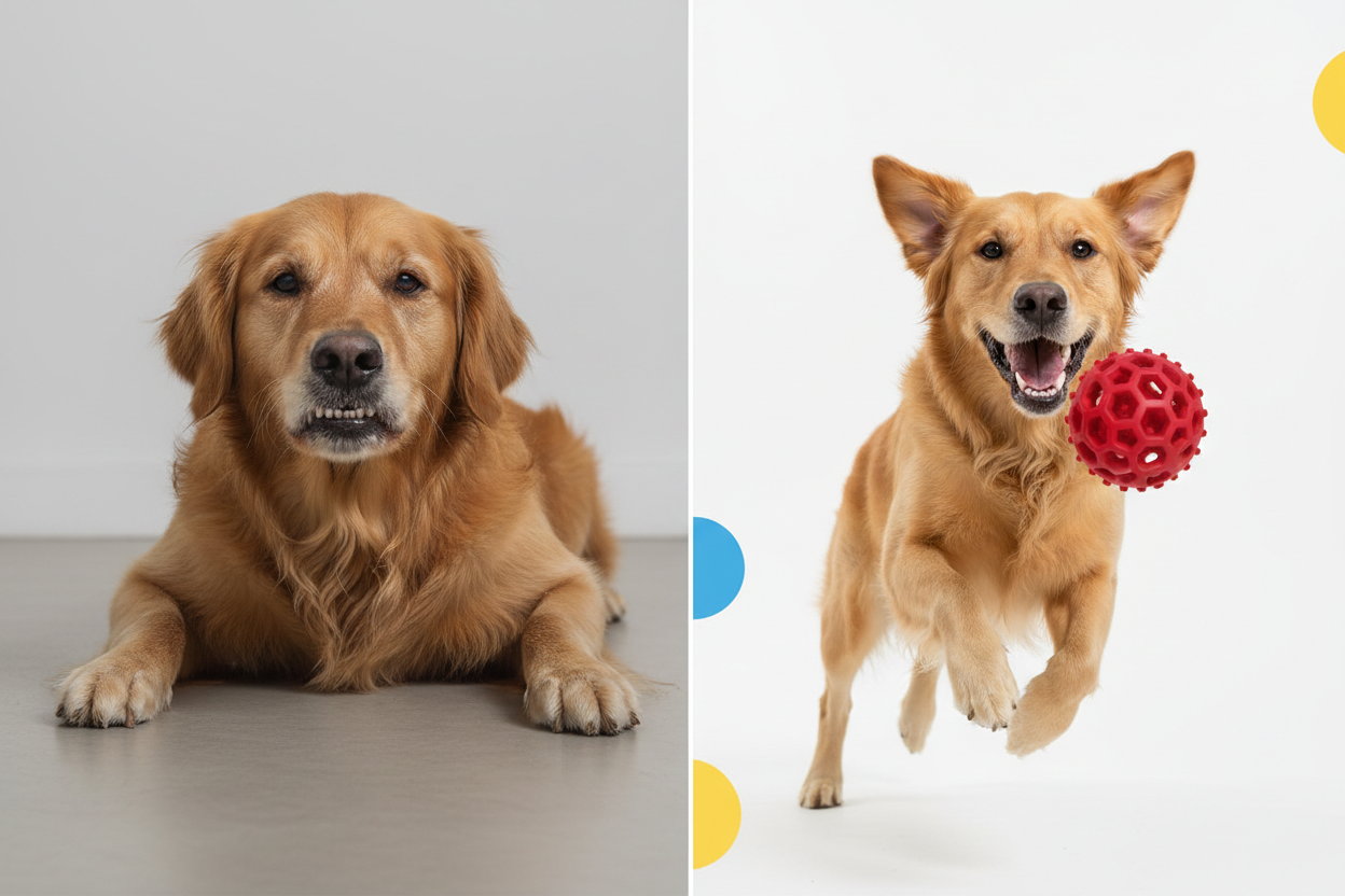 Prima e dopo - denti sporchi vs denti puliti con palla molare Noblepaws