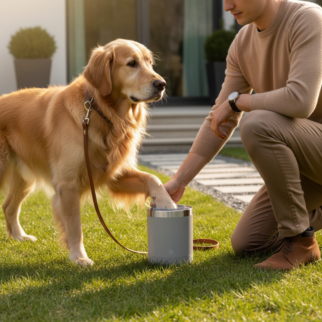 Persona che usa il lavazampe su un golden retriever dopo una passeggiata