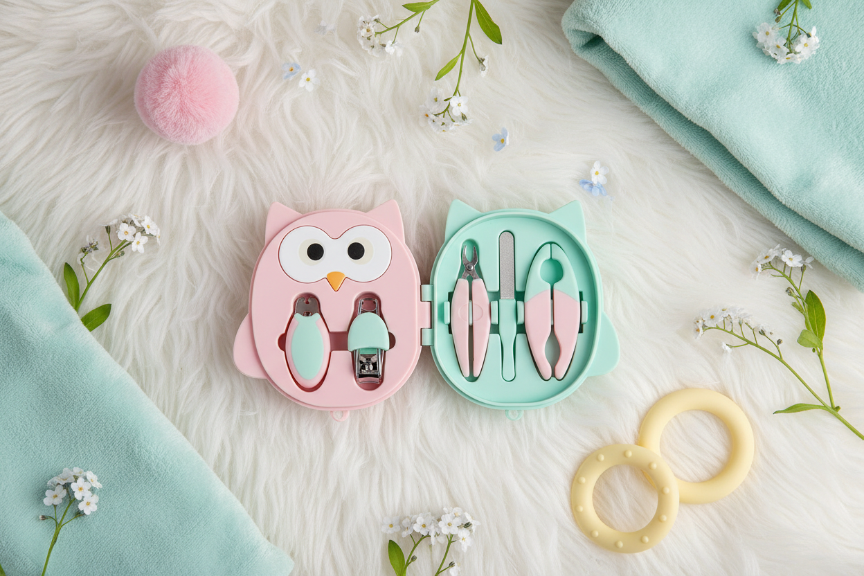 Flat lay kit manicure neonato gufo