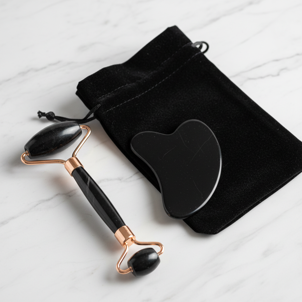 Kit ossidiana con pochette nera su marmo