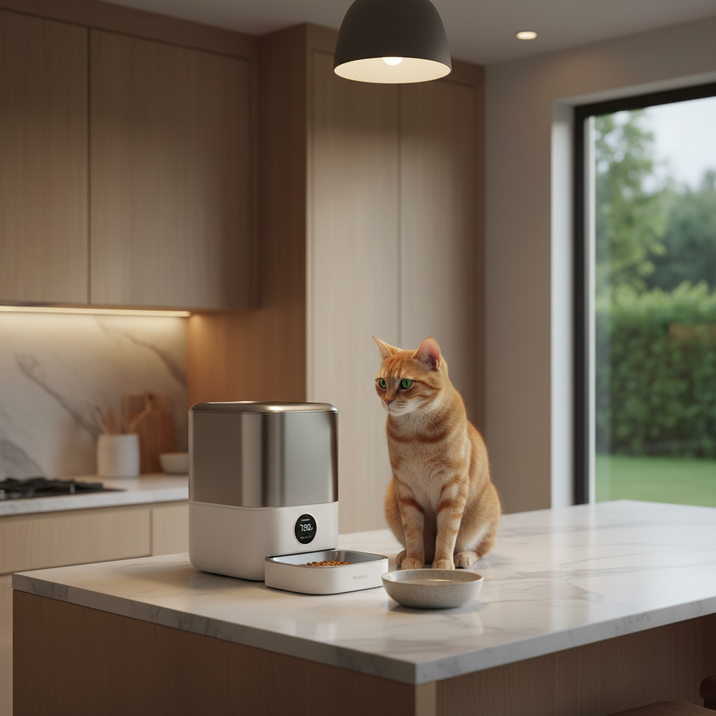 Distributore automatico cibo gatto su piano cucina con gatto accanto