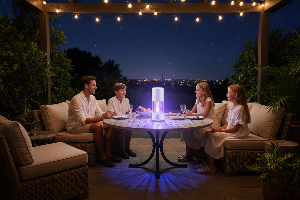Famiglia in terrazza con lampada anti-zanzare