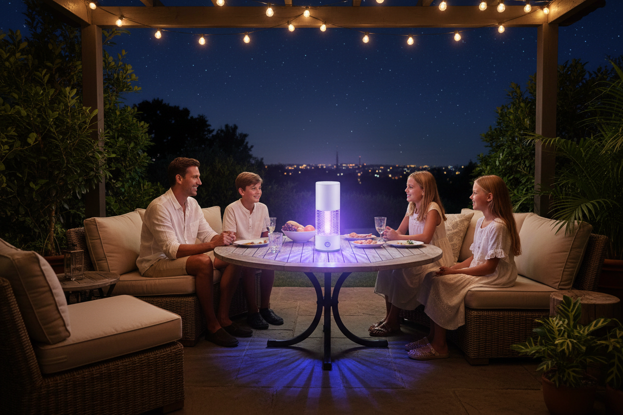 Famiglia in terrazza con lampada anti-zanzare