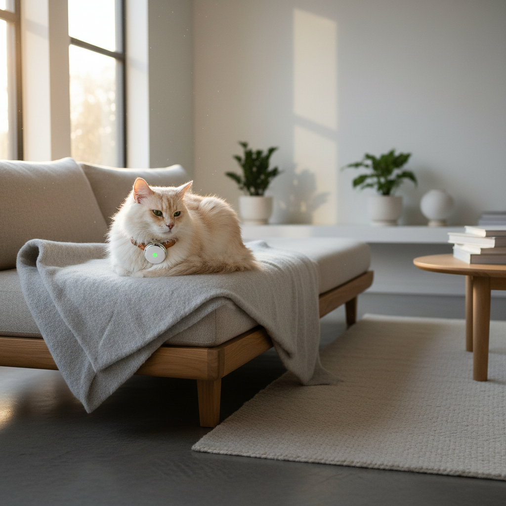 Gatto con localizzatore GPS sul collare in ambiente domestico caldo