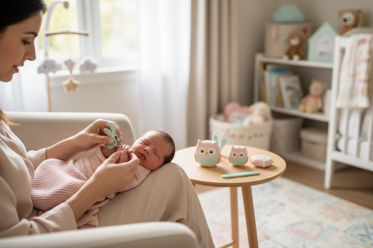 Mamma che taglia le unghie al neonato con kit gufo