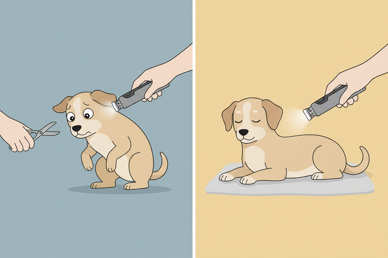 Prima e dopo - cane spaventato vs cane rilassato con taglia unghie LED Noblepaws