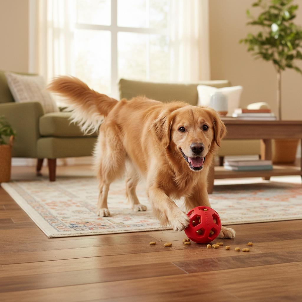 Cane che gioca con palla rossa dispensa snack