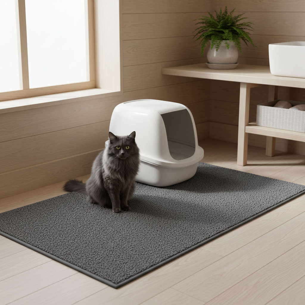 Angolo bagno moderno con tappetino lettiera grigio davanti a lettiera bianca