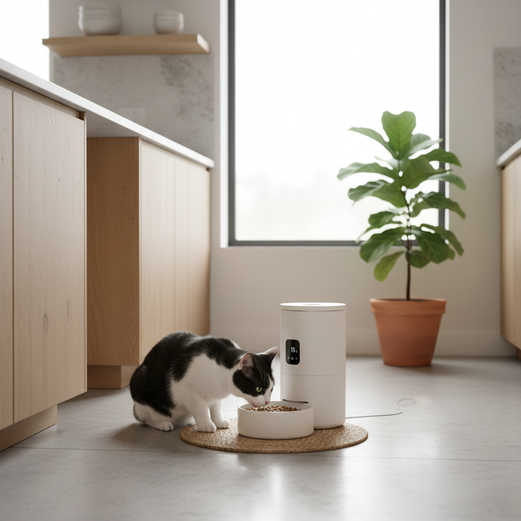 Gatto elegante che mangia dalla ciotola automatica in cucina moderna