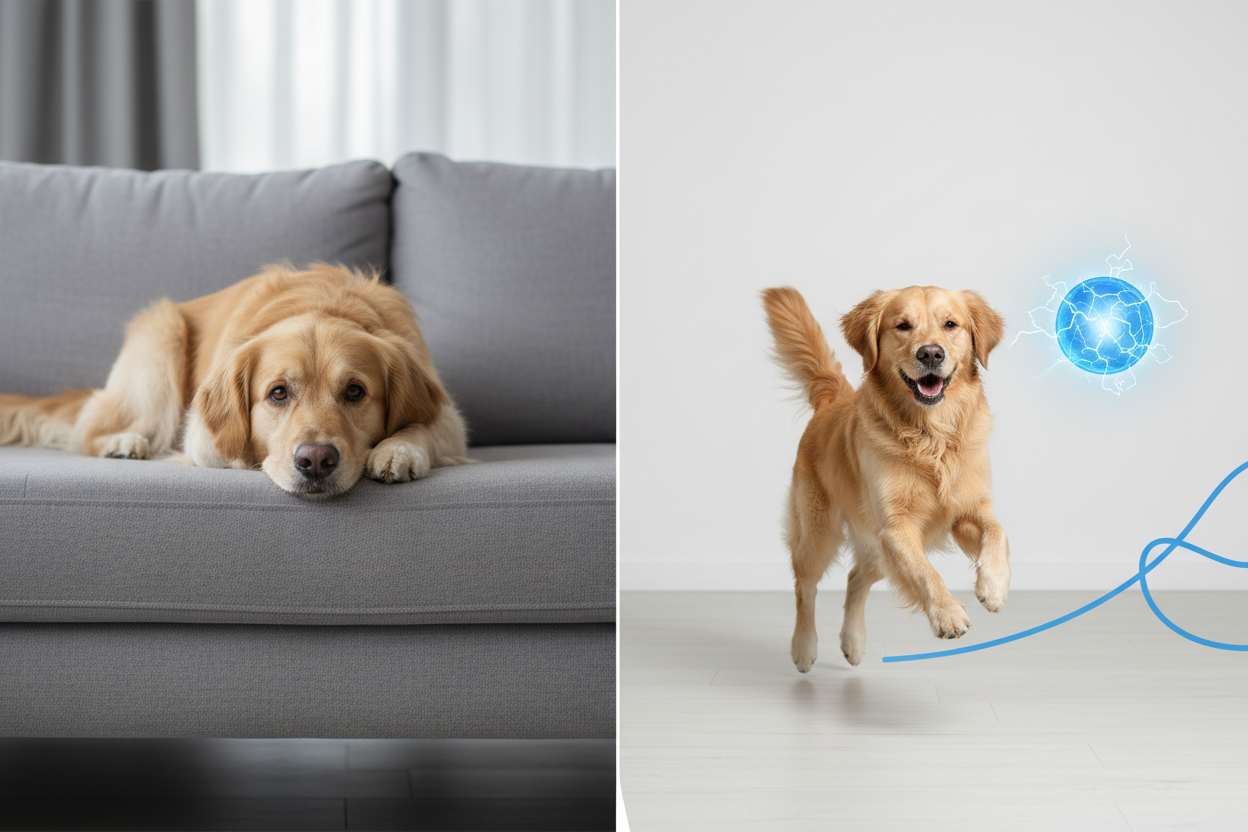 Prima e dopo - cane annoiato vs cane felice con palla Noblepaws
