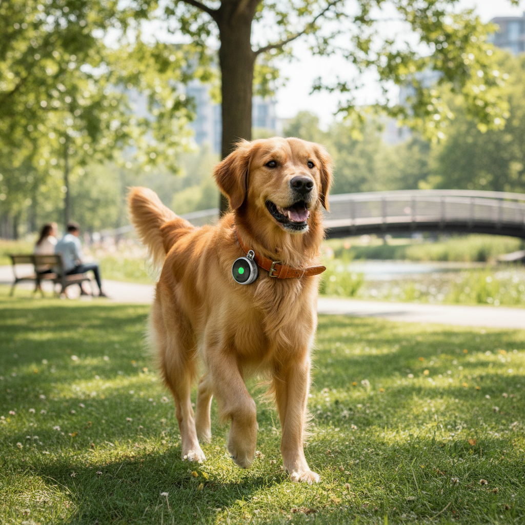 Cane felice al parco con localizzatore GPS sul collare