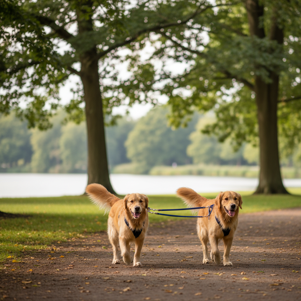 Due cani che camminano con guinzaglio doppio Noblepaws
