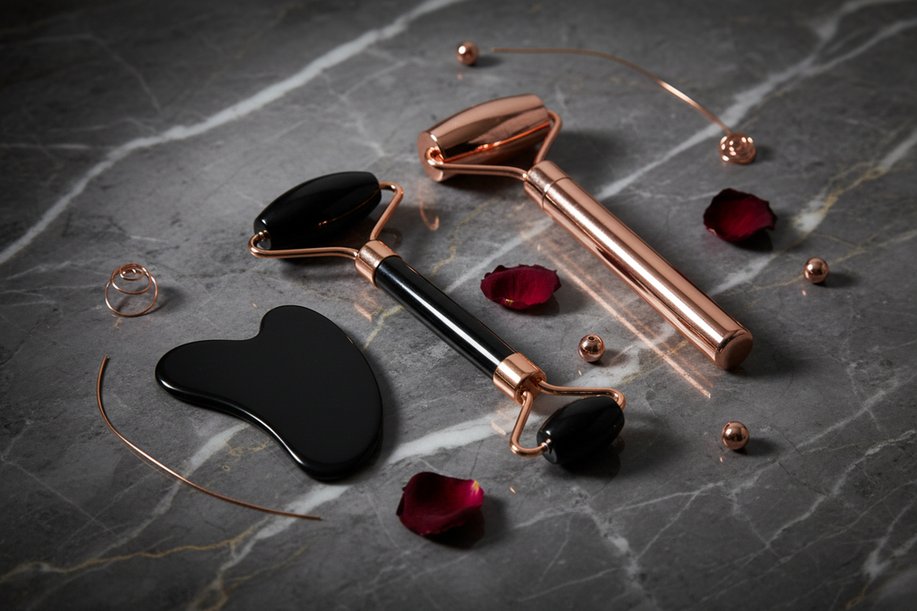 Flat lay kit gua sha rullo ossidiana ice roller